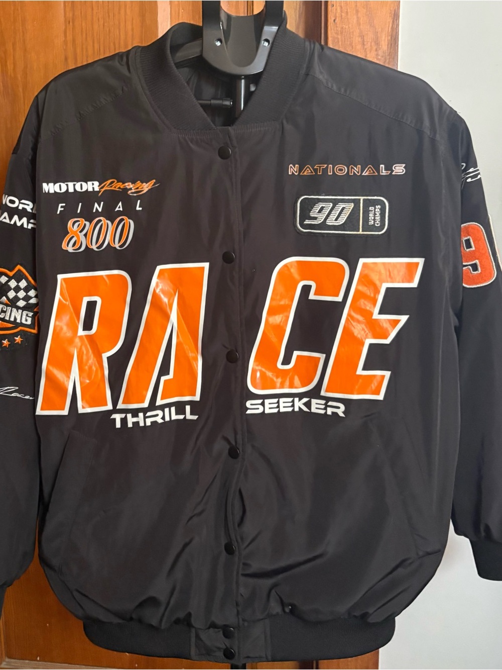 H&M Black and Orange 'RACE' Graphic Bomber Jacket